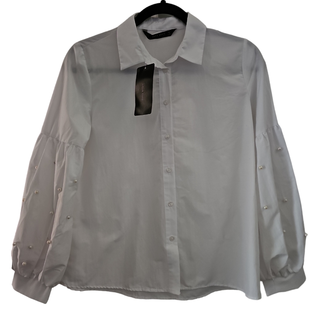 Zara Basic Edition Pearl Balloon Sleeve White Button-down Shirt Sz XS - Picture 2 of 7
